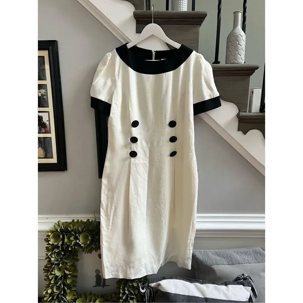 Talbots Vintage Kathryn Conover White & Black Linen Sailor Style Dress sz 10 EUC